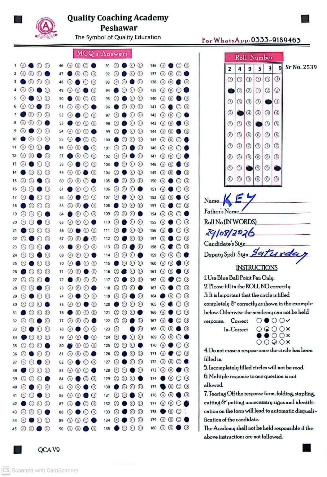 MDCAT 1st Year Course Test answer key