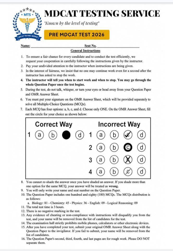 Pre MDCAT Test 2026 cover