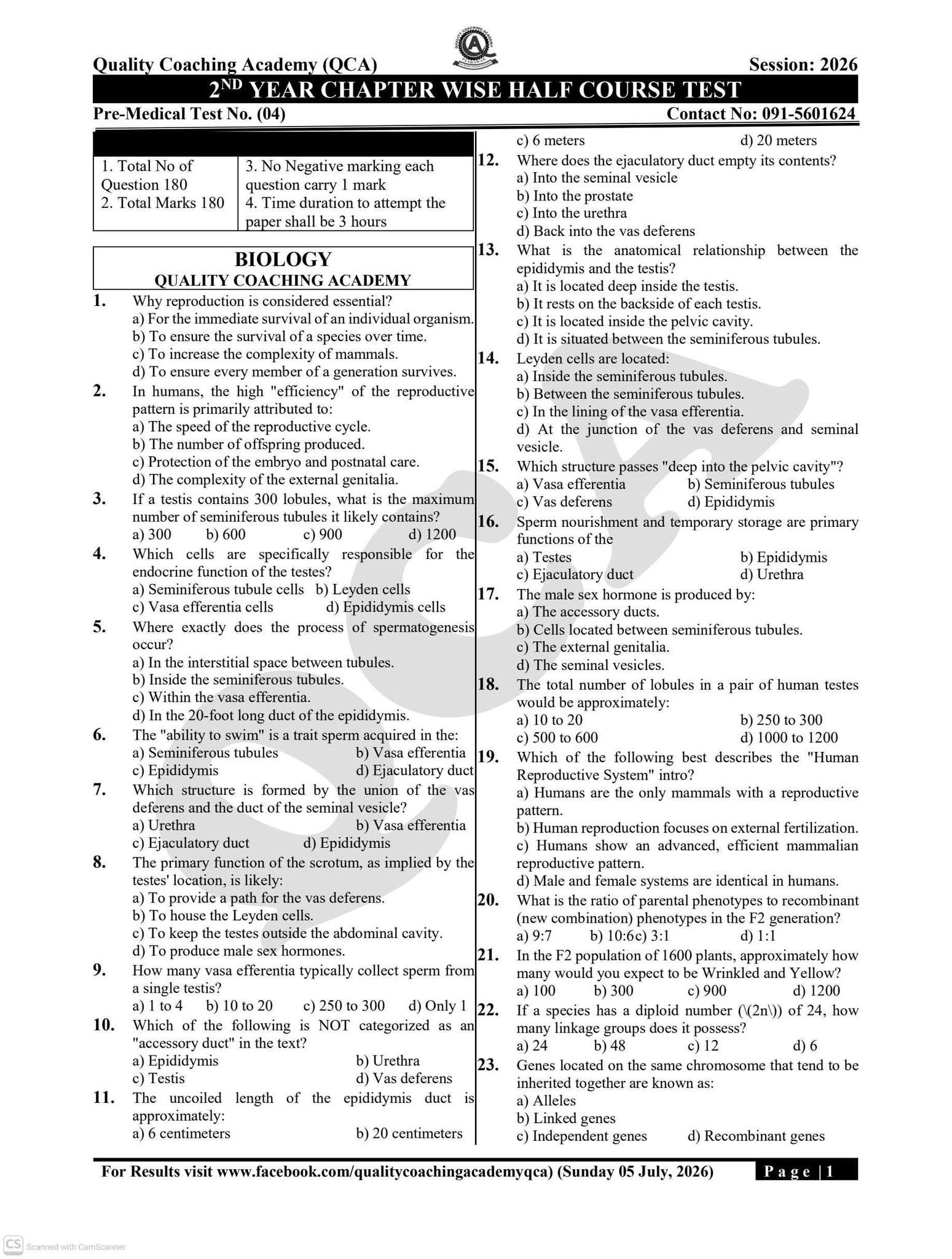 MDCAT - 2ND  YEAR CHAPTER WISE HALF COURSE TEST cover