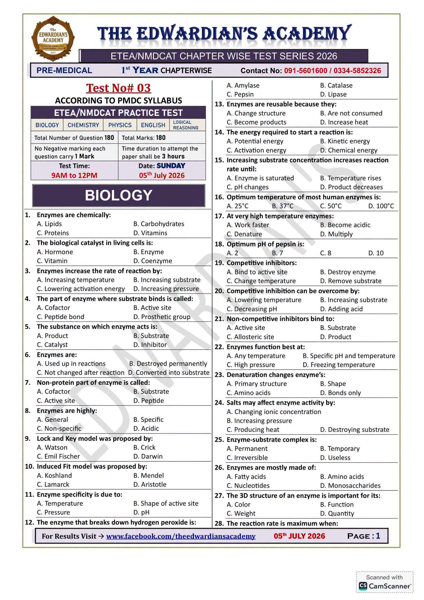 MDCAT sunday mocktest cover