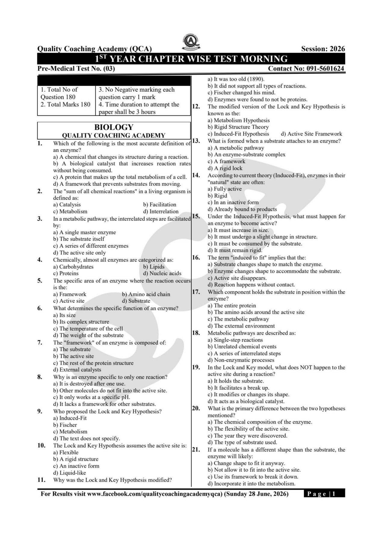 1ST YEAR CHAPTER WISE TEST MORNING cover