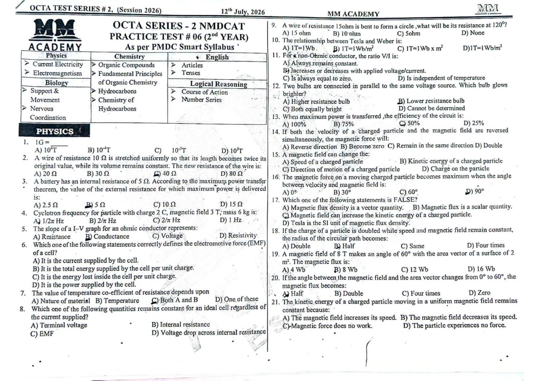 MDCAT sunday mocktest cover