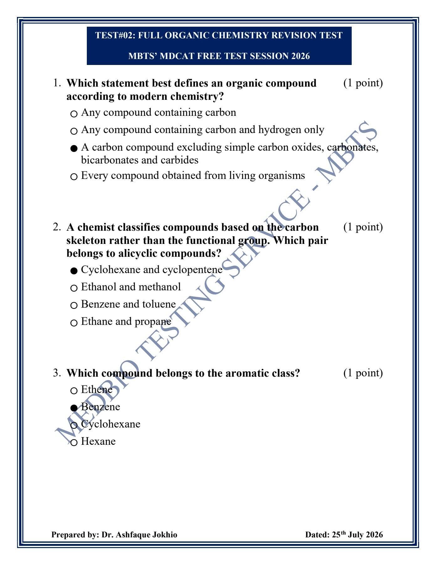 Full Organic Chemistry Test cover